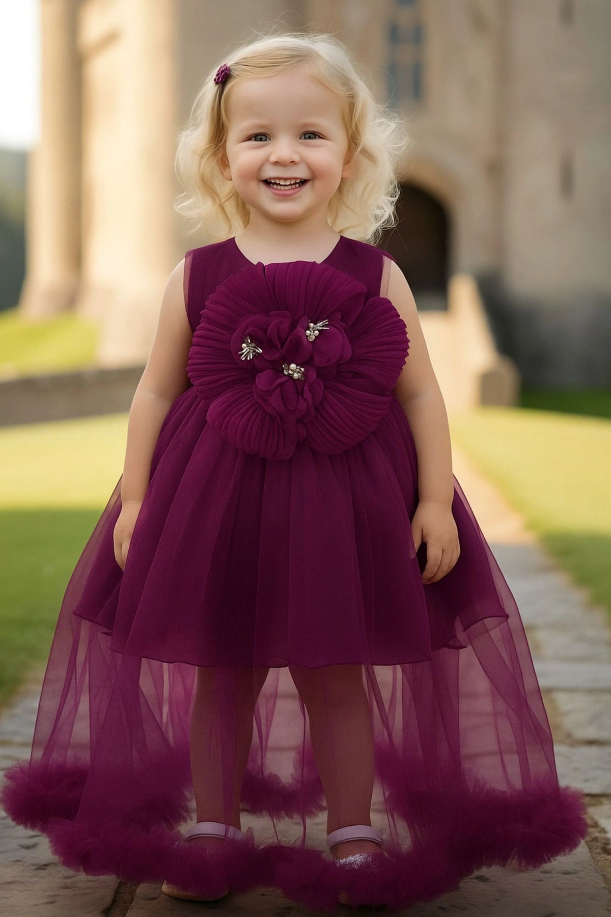 Wine Party Frock with Oversized Floral Appliqué For Girls