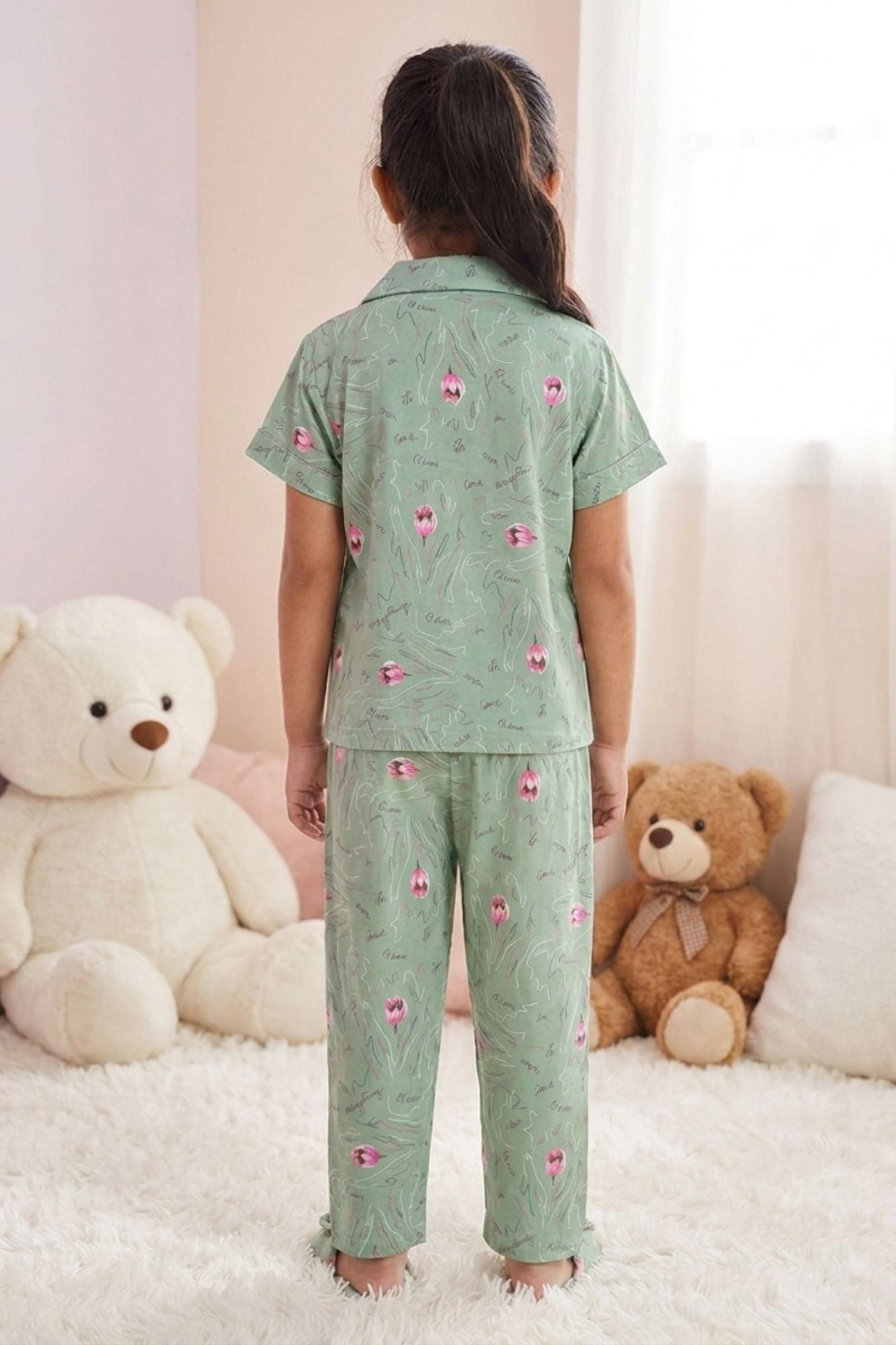Girls Sage Green Floral Print Night Suit Set