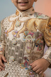 Cream Printed Jodhpuri Suit With Lion Motif And Embroidered Detailing For Boys