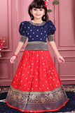 Navy Blue and Red Pattu Pavadai Set With Intricate Zari Border For Girls
