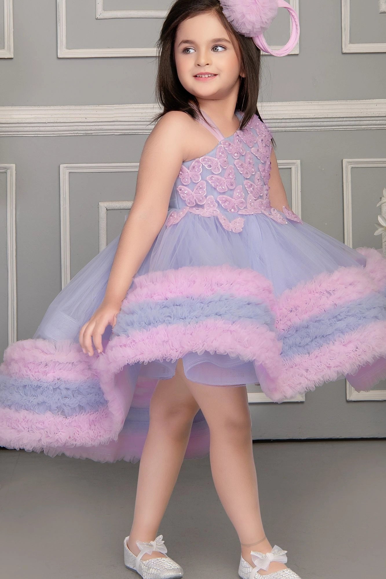 Blue Butterfly Tulle Party Frock with Layered Ruffles for Girls