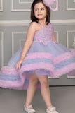 Blue Butterfly Tulle Party Frock with Layered Ruffles for Girls