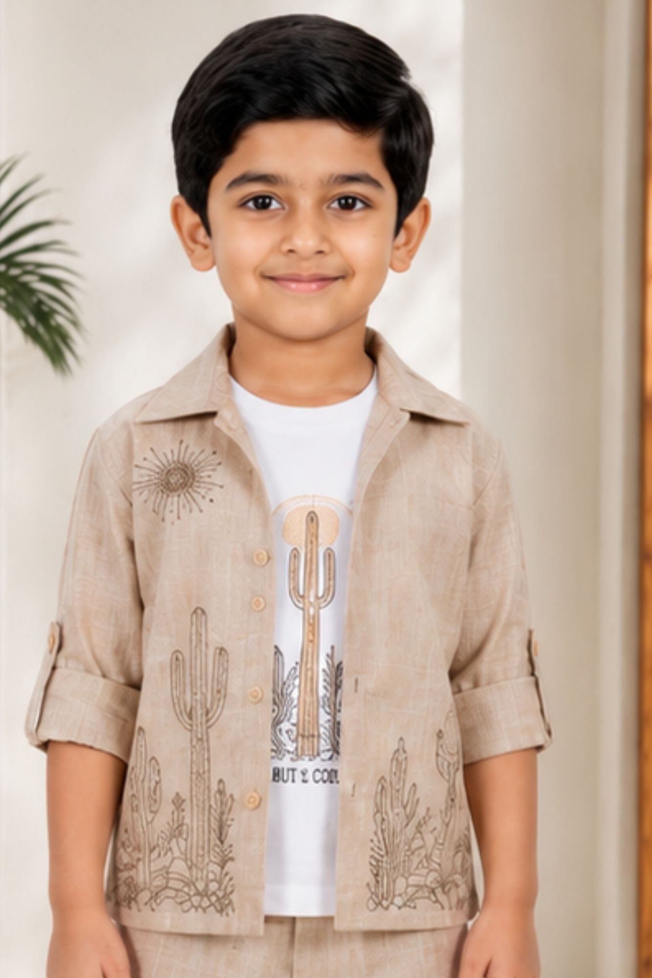 Stylish Beige Co-ord Set with Embroidered Jacket and T-Shirt For Boys