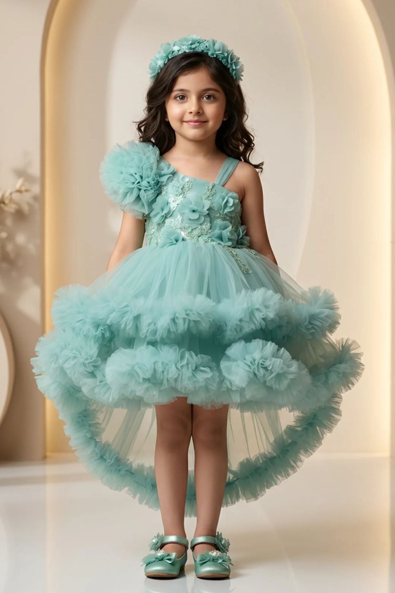 Girls Sea Green Party Frock with Floral Applique and Layered Tulle