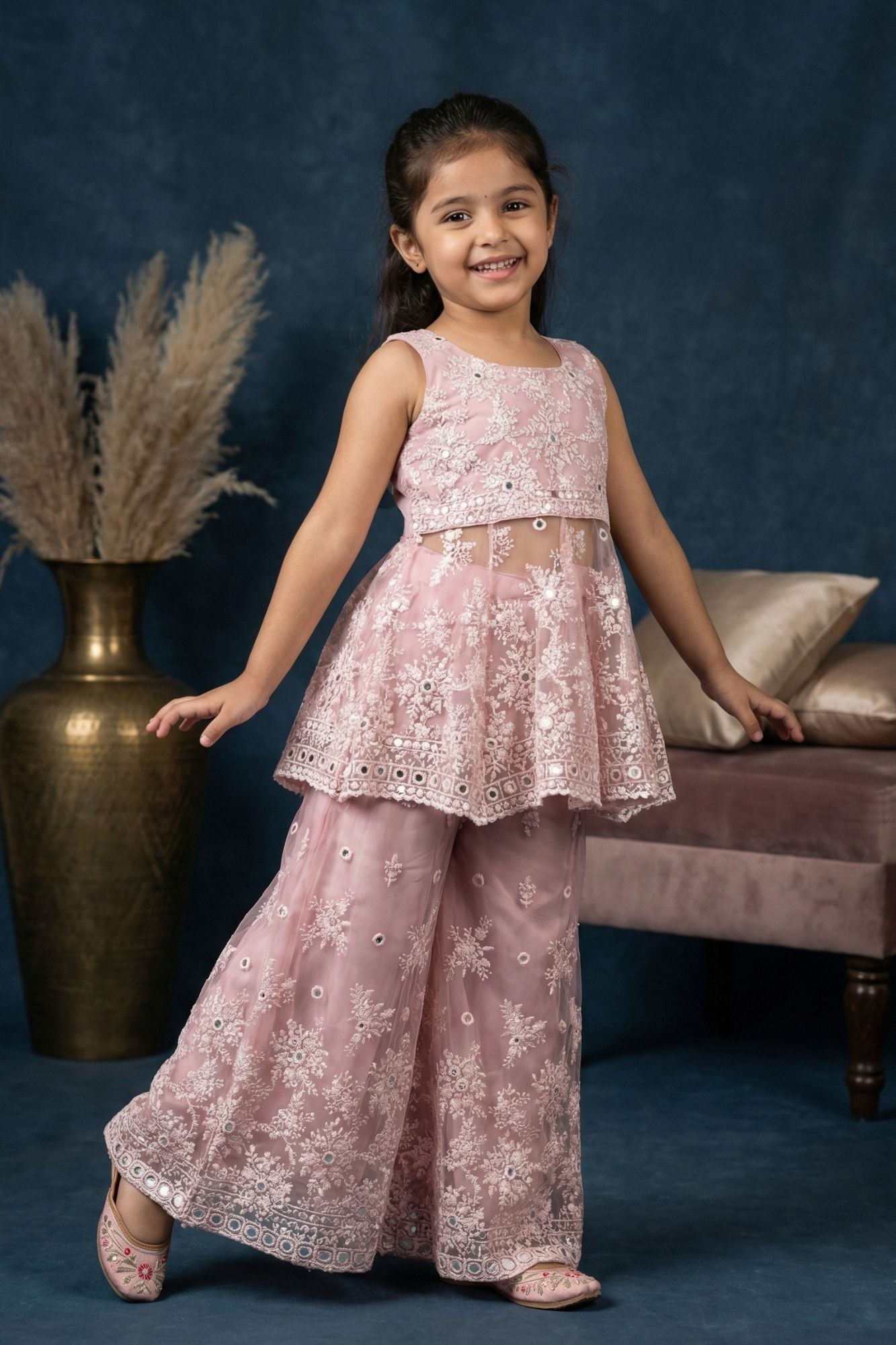 Elegant Pink Floral Embroidered And Mirror Work Palazzo Set for Girls