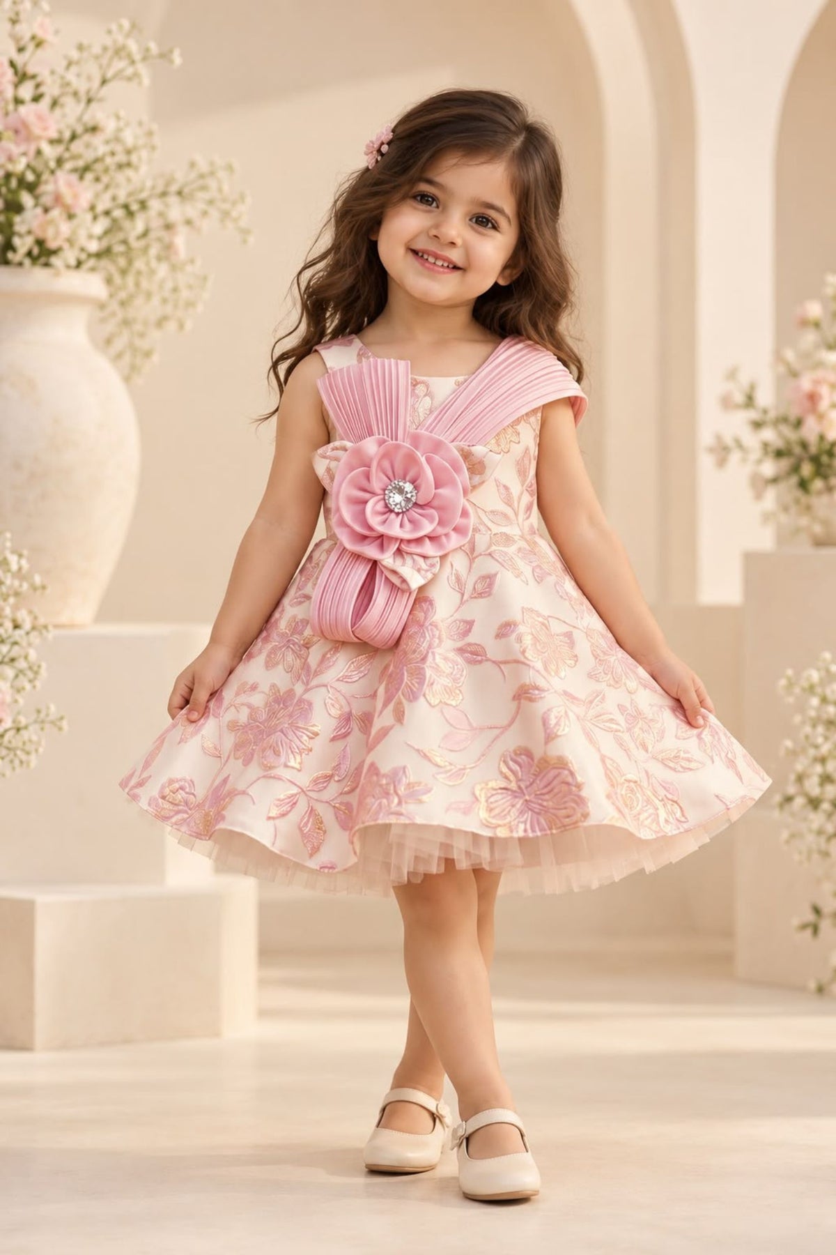 Girls Blush Pink Floral Embroidered Party Frock with 3D Flower Embellishment