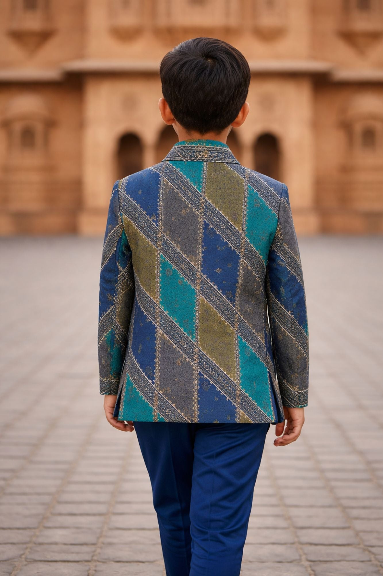 Blue Premium Brocade Indo Western Suit Set For Boys
