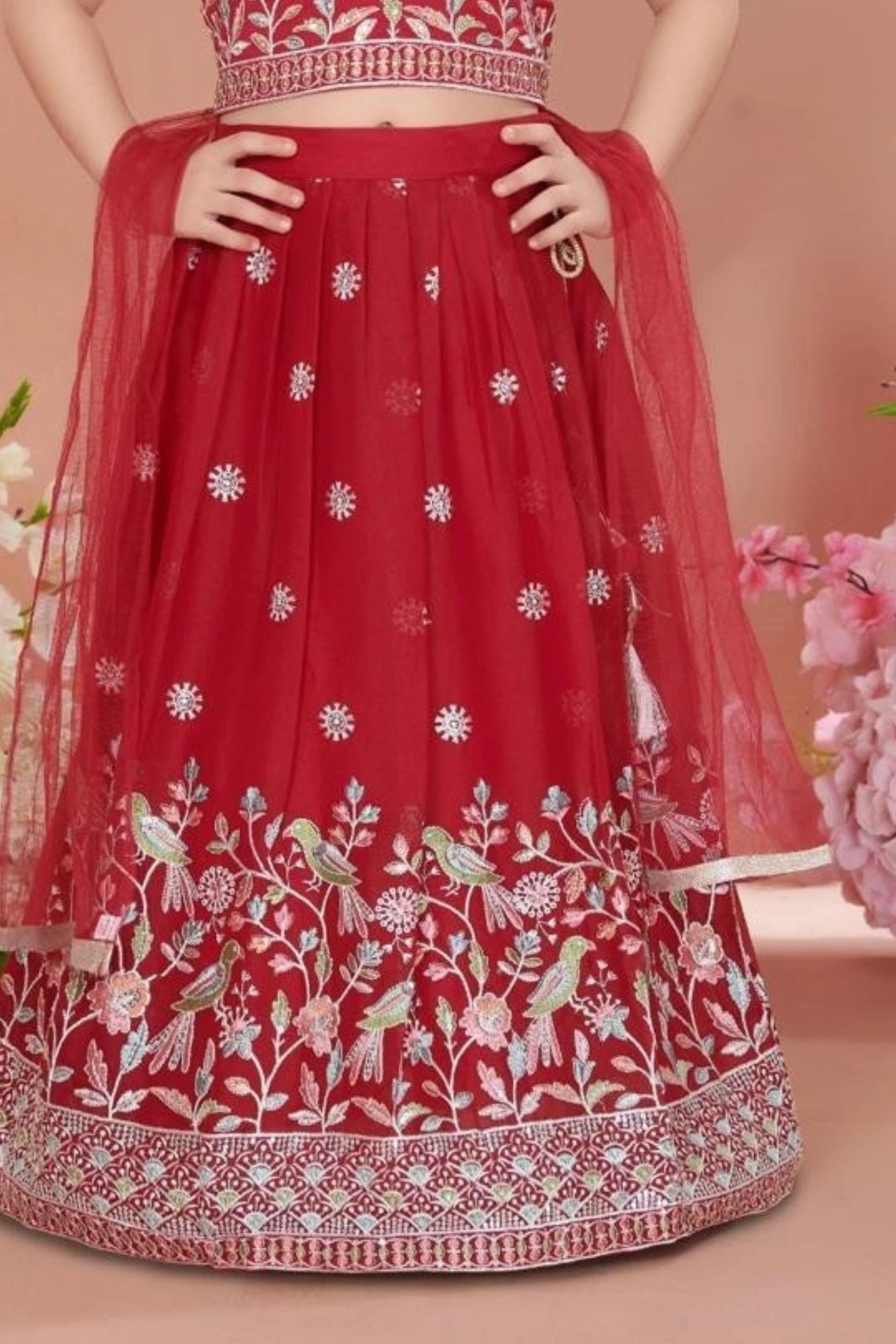 Red Embroidered Lehenga Choli with Dupatta For Girls