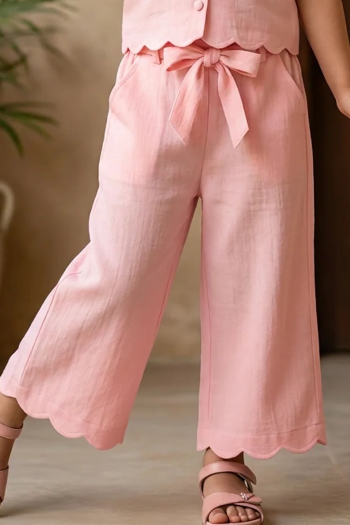 Girls Pink Sleeveless Embroidered Co-Ord Set with Wide Leg Pants
