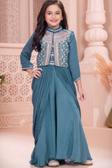 Teal Blue Embroidered Drapped Style Palazzo Set For Girls