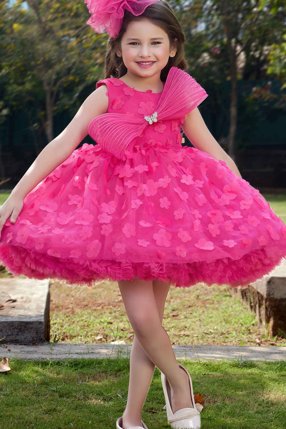 Blossom Sparkle Pink Bow And Floral Embellished Party Dress for Girls