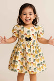 Beige Tropical Print Cotton Frock With Puff Sleeves & Bow Detail For Girls