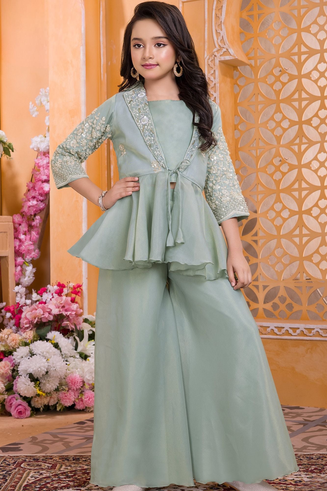 Mint Green Embroidered Peplum Palazzo Set With Sheer Jacket For Girls