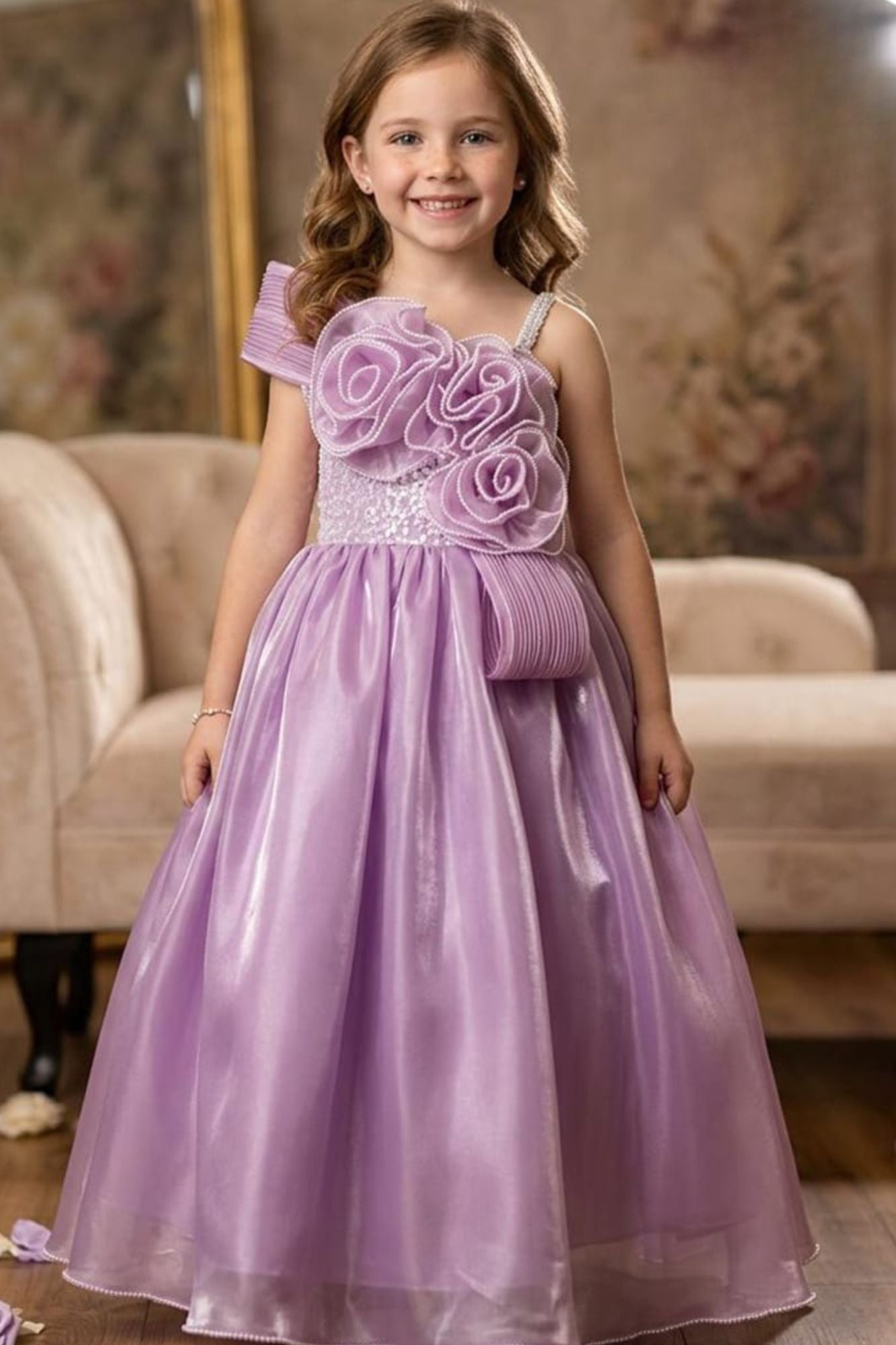 Girls Lavender One-Shoulder Party Gown with 3D Floral Ruffles