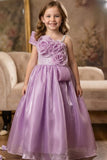 Girls Lavender One-Shoulder Party Gown with 3D Floral Ruffles