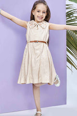 Beige Sleeveless Frock With Embroidered Collar And Waist Band For Girls