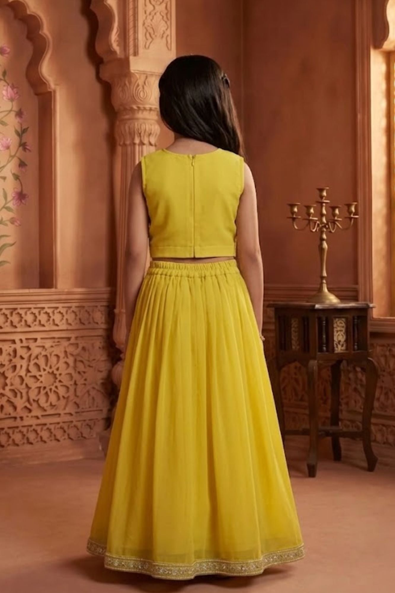 Girls Lime Yellow Embroidered Lehenga Choli Set