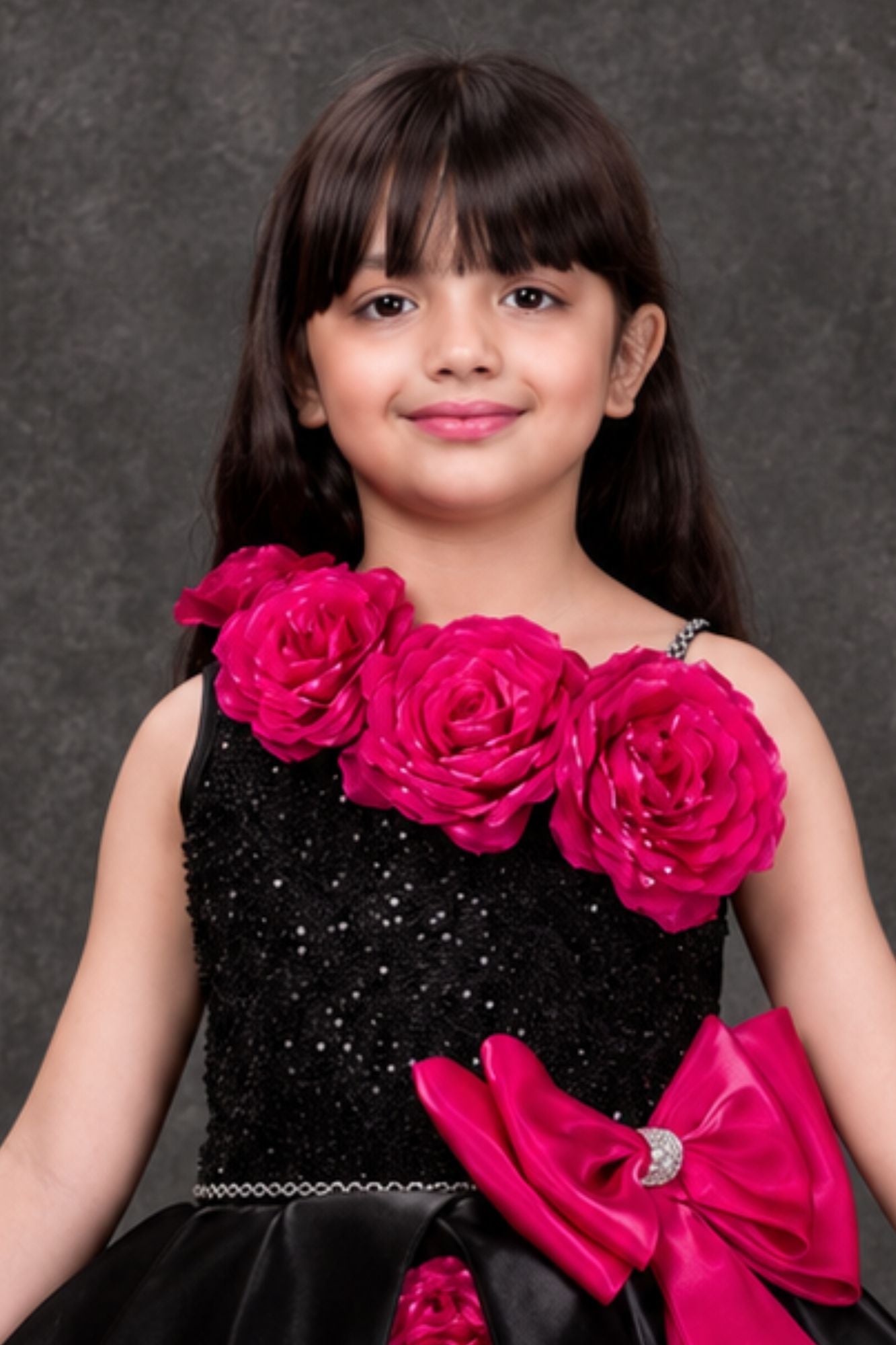 Black & Fuchsia Floral Party Wear Frock with Statement Bow