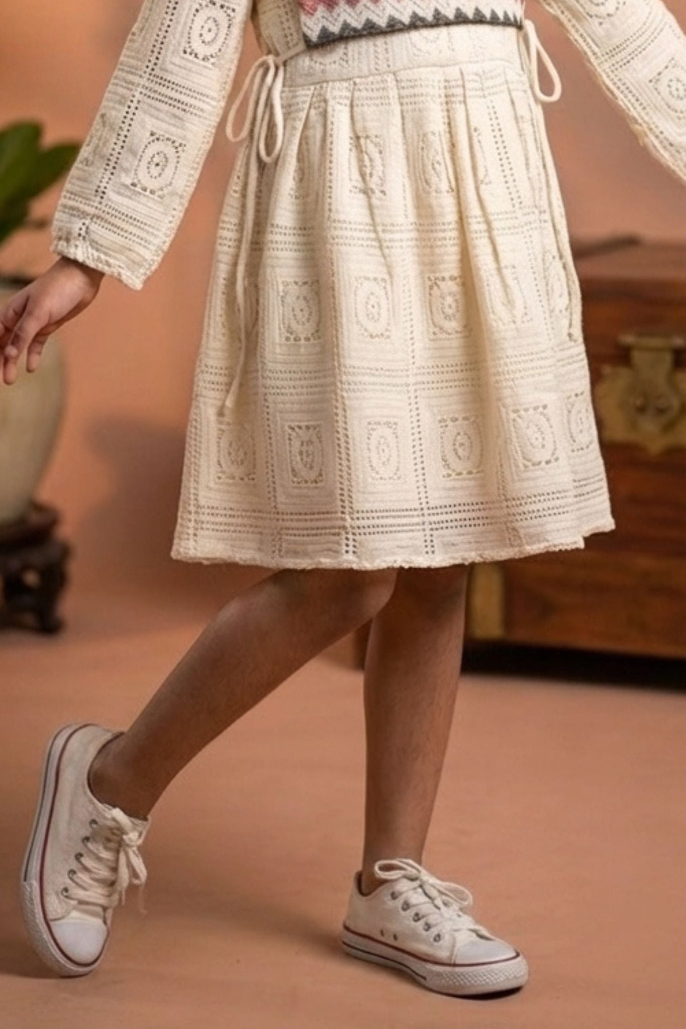 Cream Crochet Dress with Zigzag Yoke Detail Dress For Girls