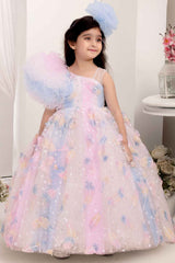 Multicolor Sequin Gown With Ruffled Asymmetric Sleeves For Girls