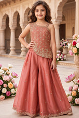 Girls Dusty Pink Gold Embroidered Palazzo Set