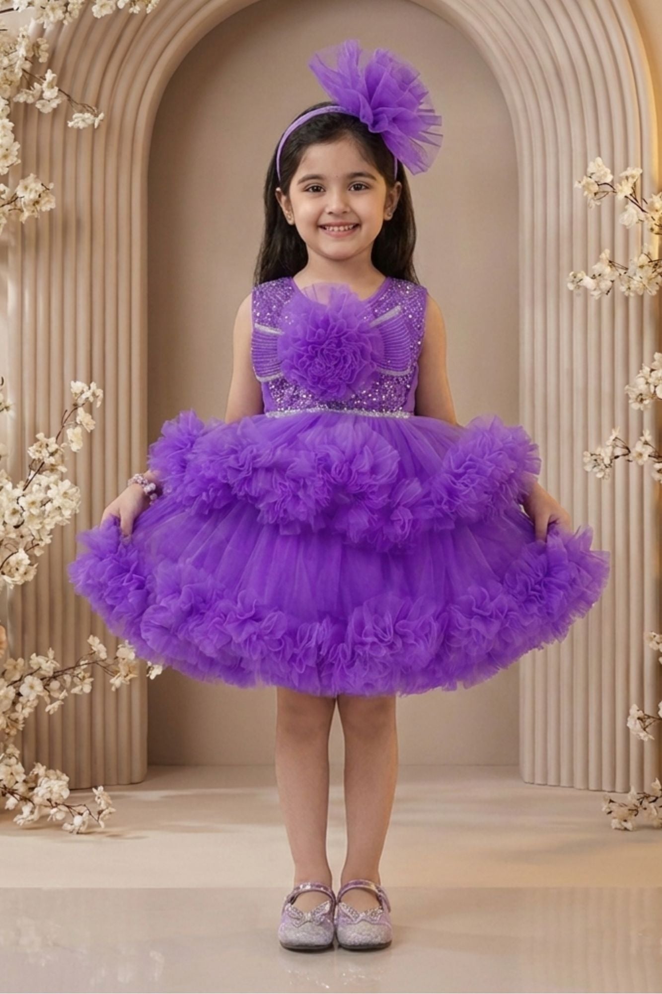 Purple Sequined Ruffled Party Wear Frock for Girls