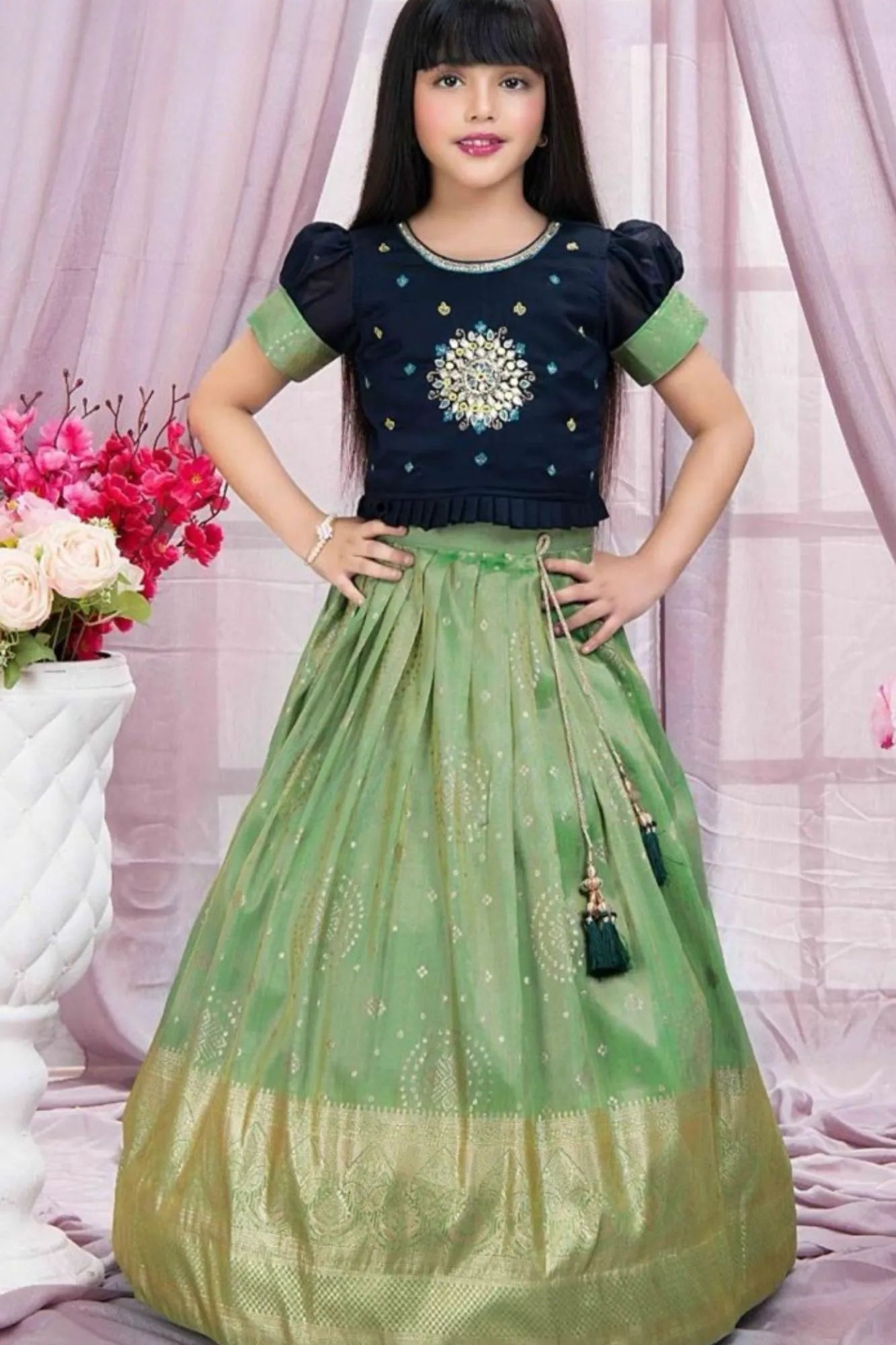 Navy Blue And Pista Green Embroidered Pattu Pavadai Set For Girls