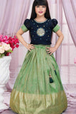 Navy Blue And Pista Green Embroidered Pattu Pavadai Set For Girls