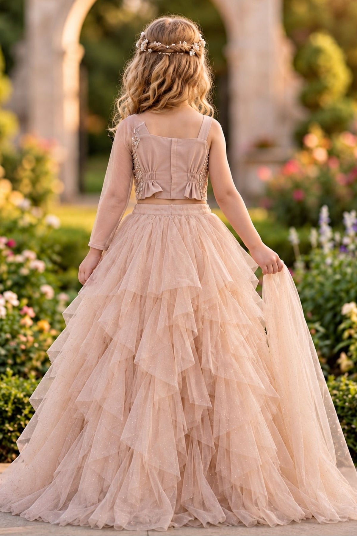 Blush Pink Floral Ruffle Lehenga Choli For Girls
