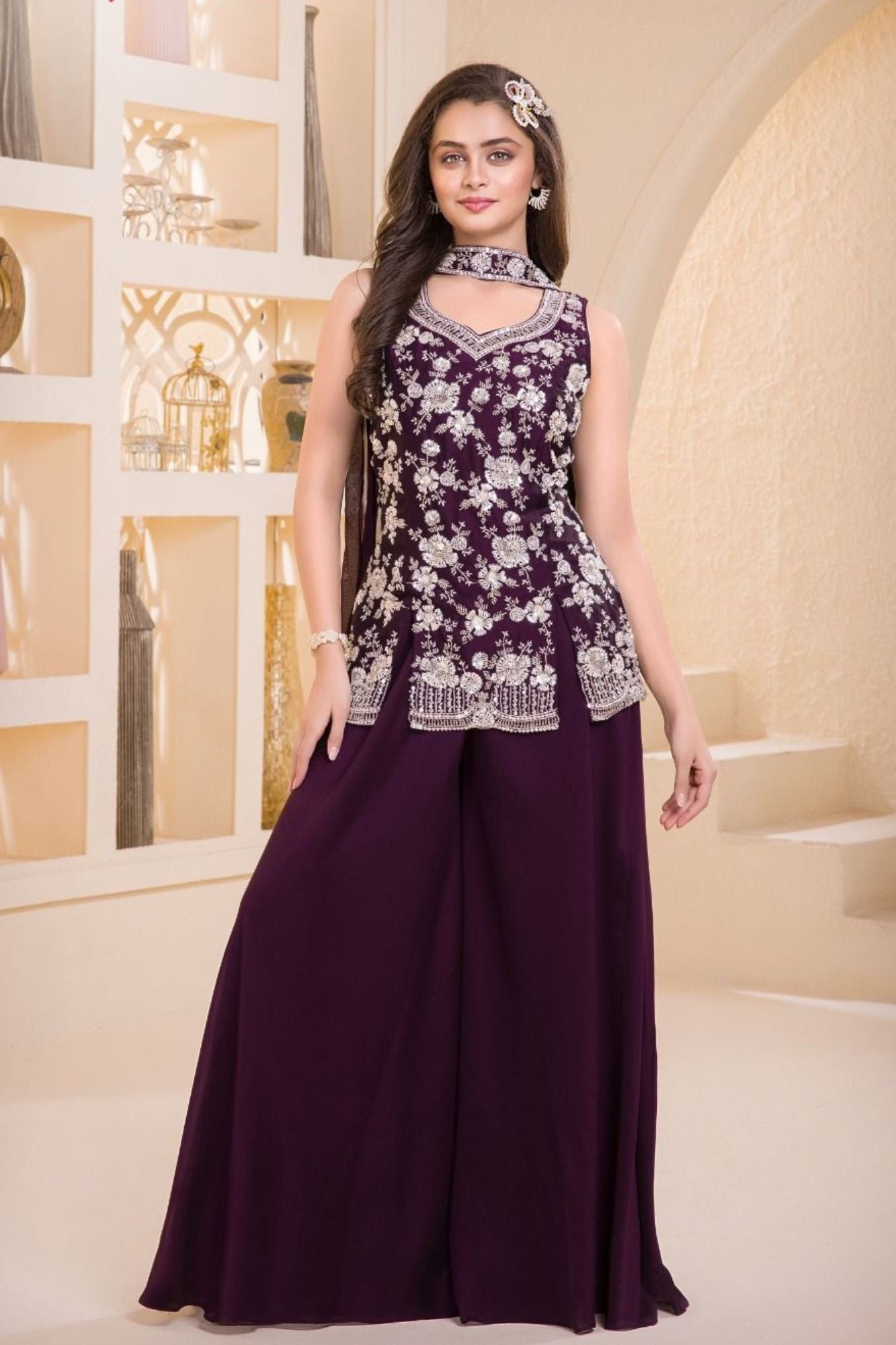 Wine Embroidered Georgette Palazzo Set For Girls