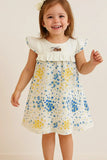 White & Yellow-Blue Floral Cotton Dress with Ruffle Sleeves For Girls