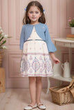 Blue And Cream Printed Casual Dress With Overcoat For Girls