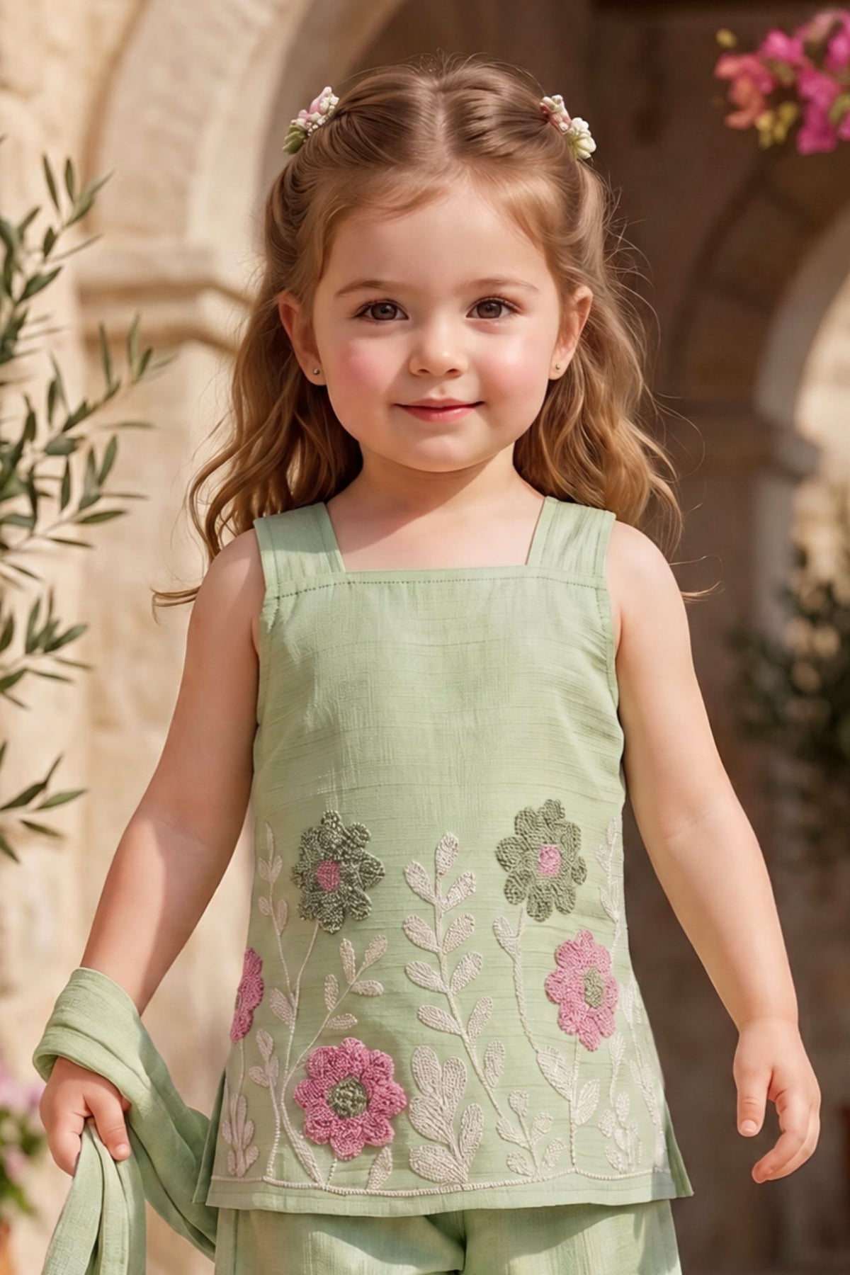 Girls Green With Pink Floral Embroidered Patiala Set