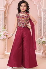 Rust Sequins Work With Thread Embroidery Palazzo Set For Girls