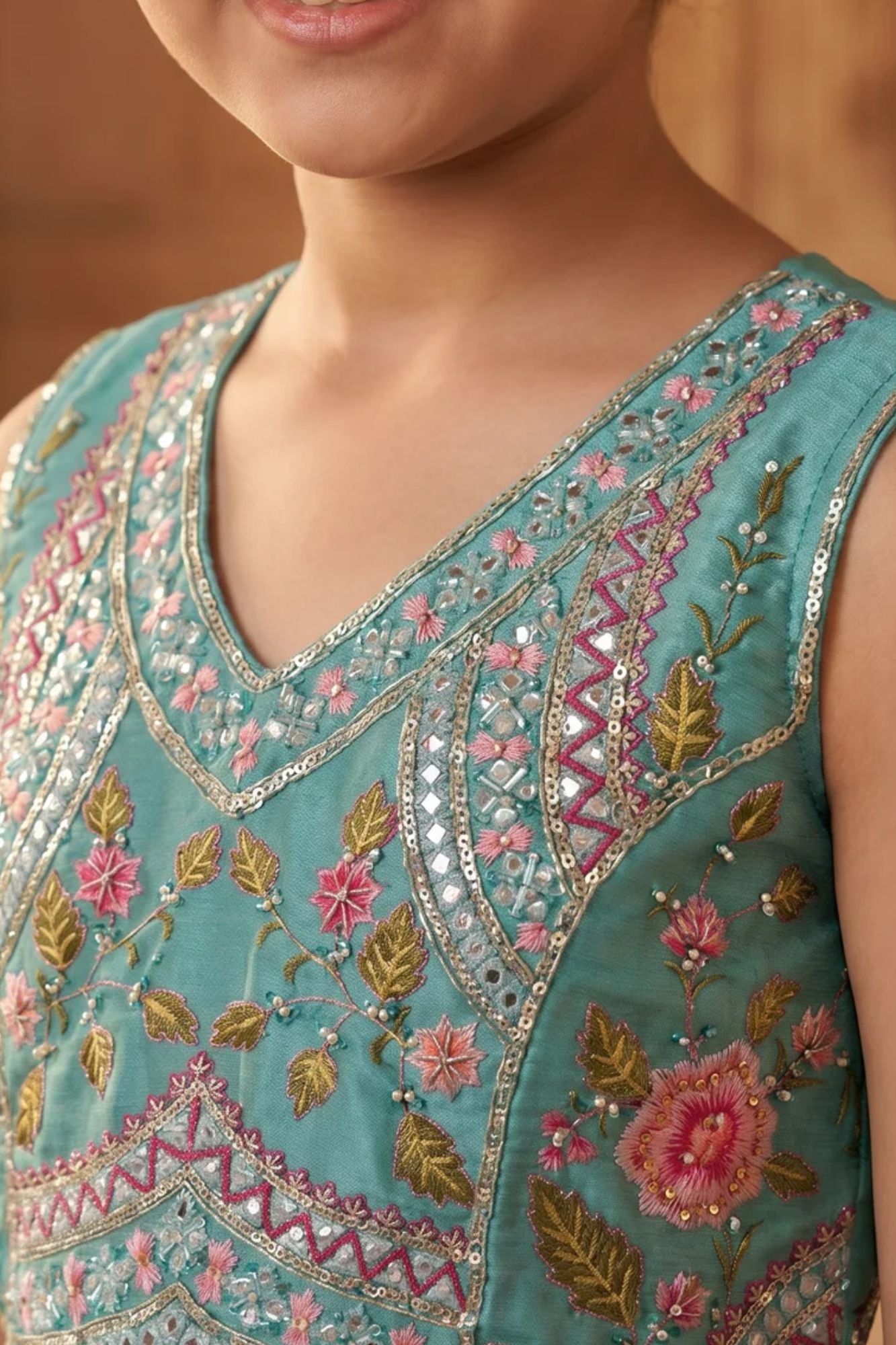 Pista Floral Embroidered Lehenga Choli Set With Dupatta for Girls