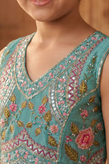 Pista Floral Embroidered Lehenga Choli Set With Dupatta for Girls
