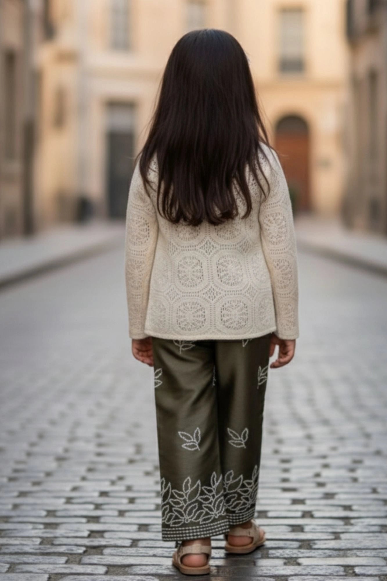 Olive Green Embroidered Co-ord Set With Cream Lace Jacket For Girls