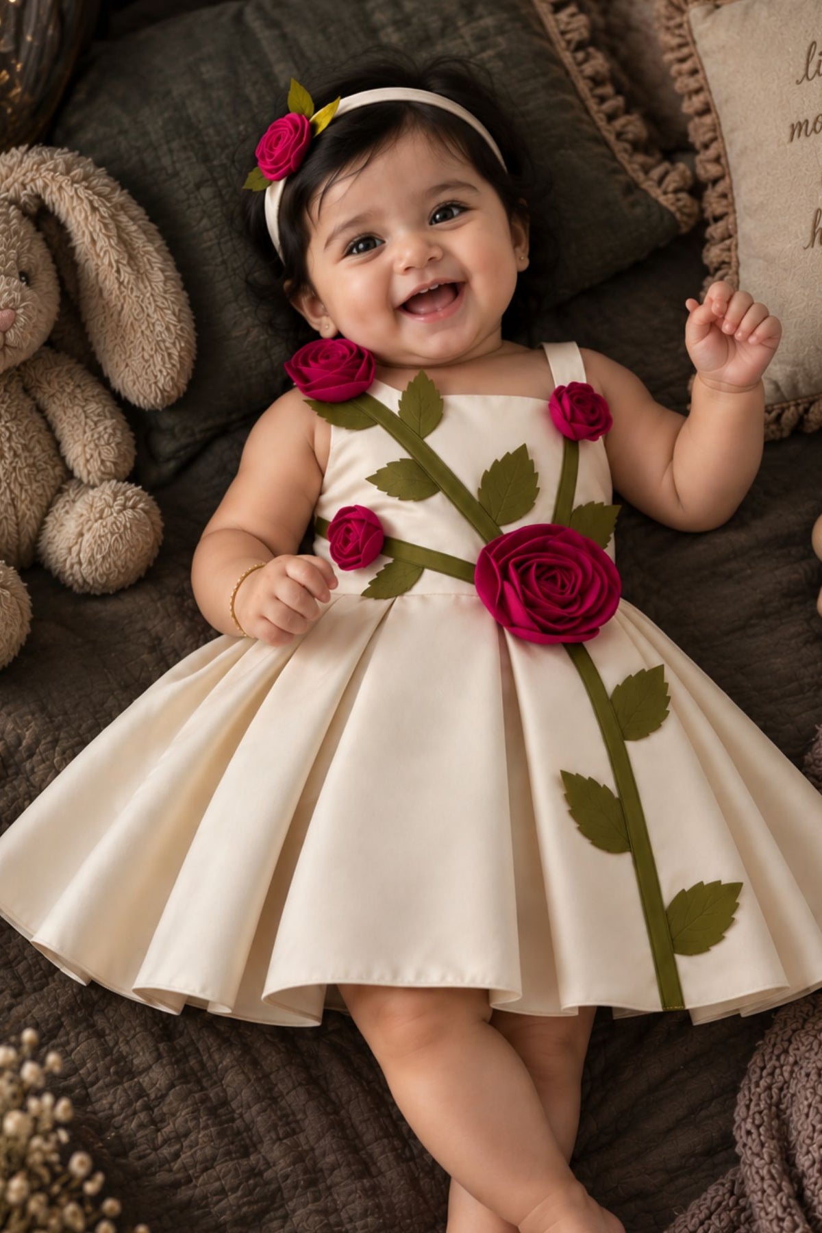 Girls Fawn 3D Rose Applique Party Wear Frock