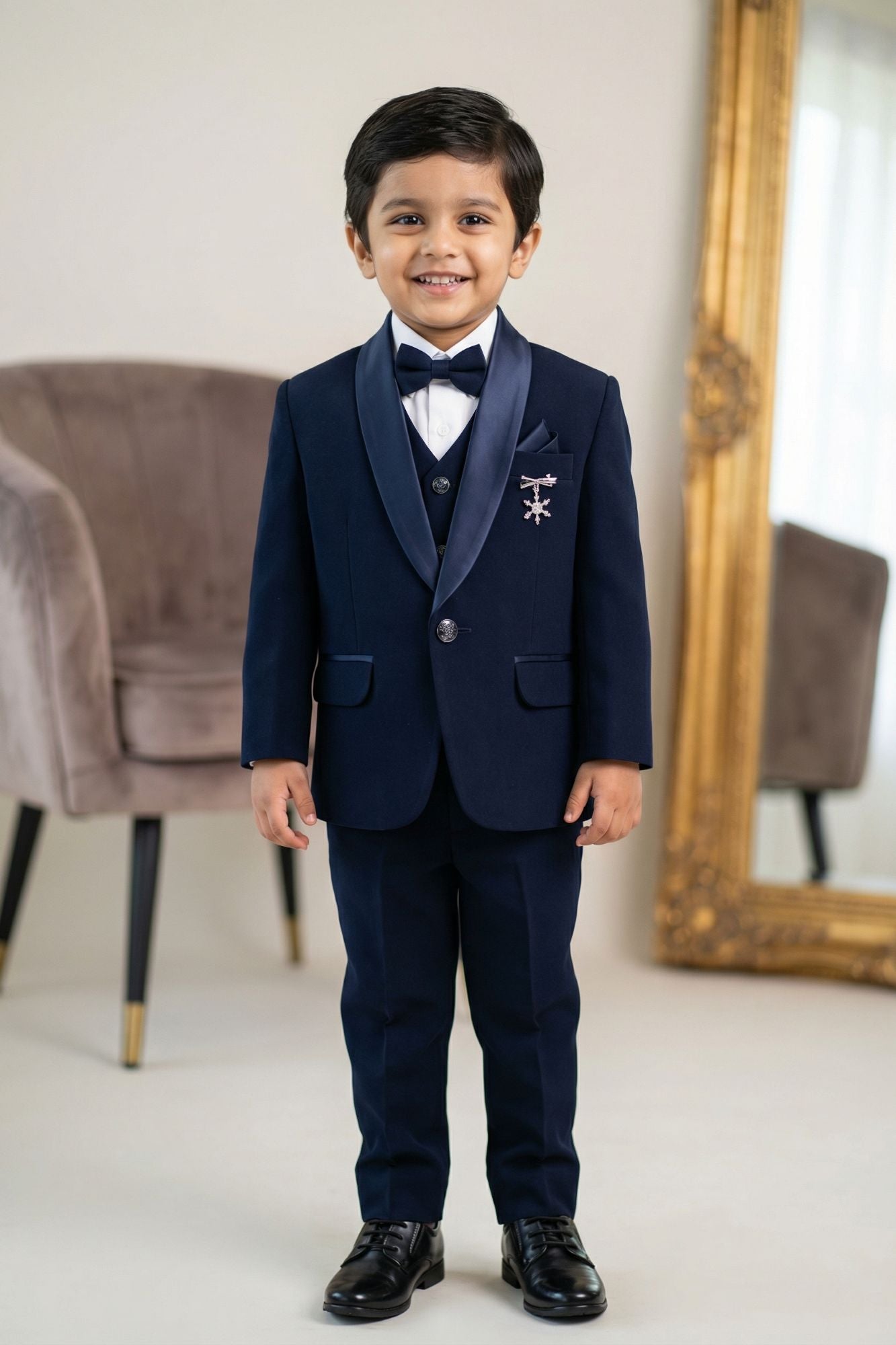 Navy Blue Embroidered 5-Piece Suit Set With Brooch For Boys