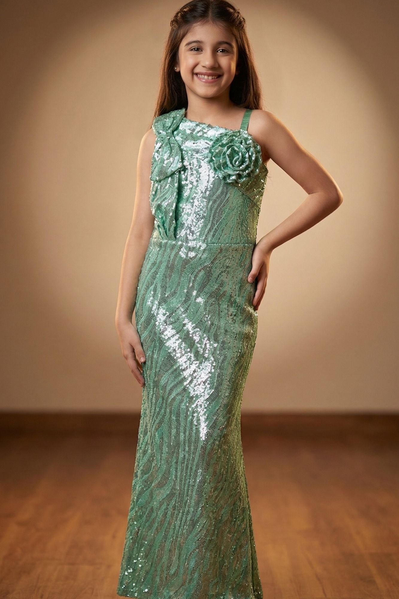 Mint Green Sequin One-Shoulder Floral Appliqué Party Wear Gown For Girls