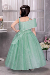 Green Sleeveless And Bow Embellishment With Stone Worked Gown For Girls