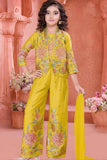 Golden Yellow Embroidered Ethnic Co-Ord Set With Jacket And  For Girls
