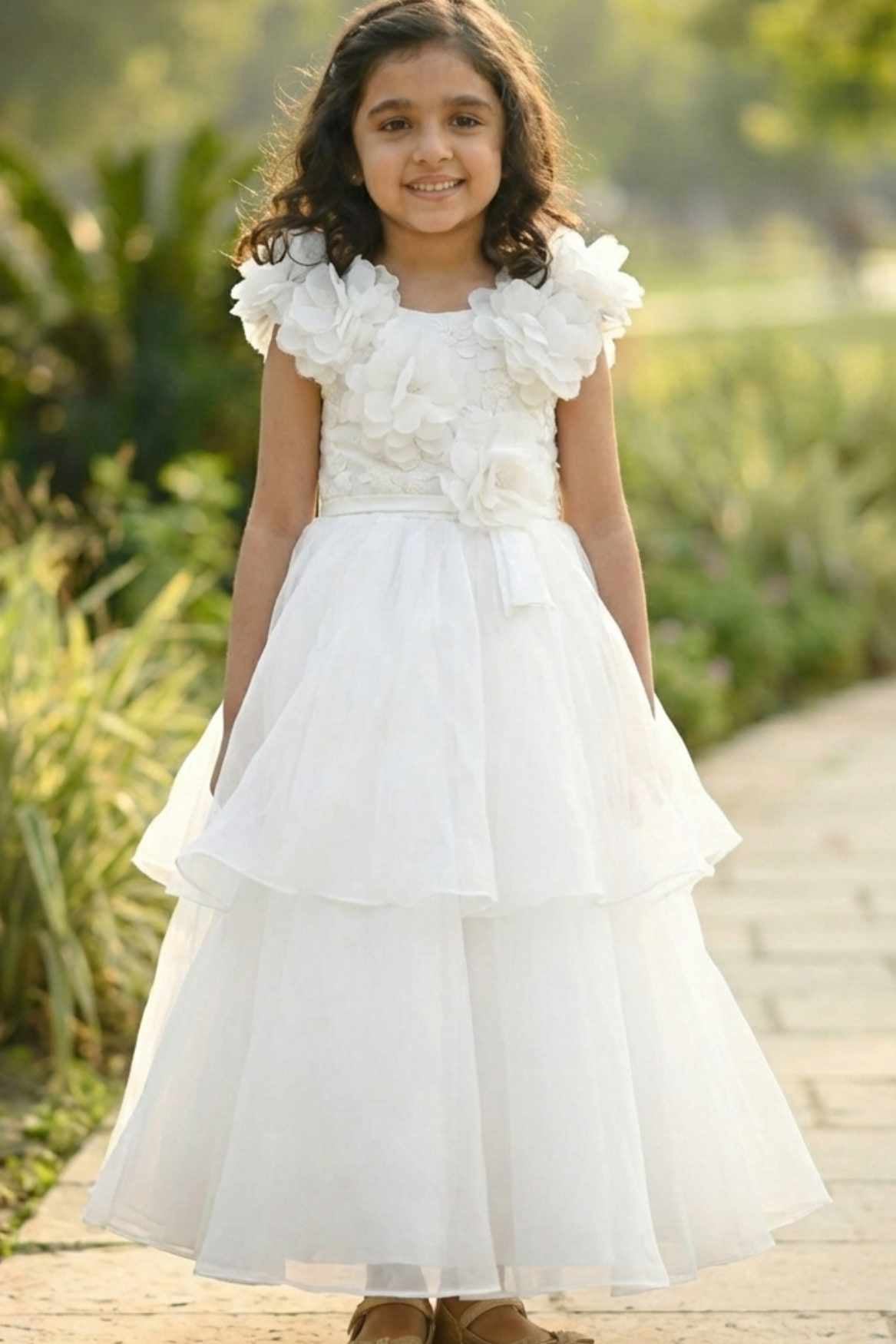 Cream Ruffle Layered Party Gown For Girls