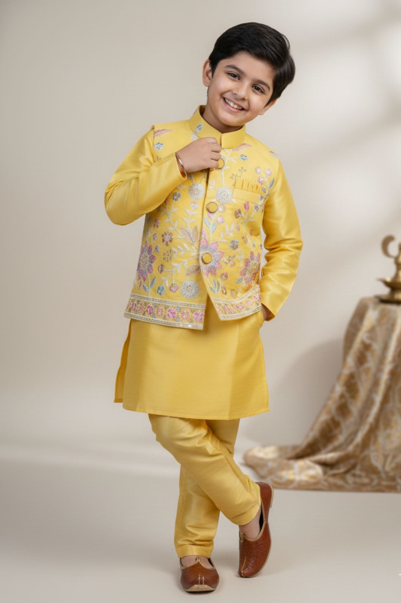 Yellow Embroidered Kurta Pajama Set with Ethnic Jacket for Boys