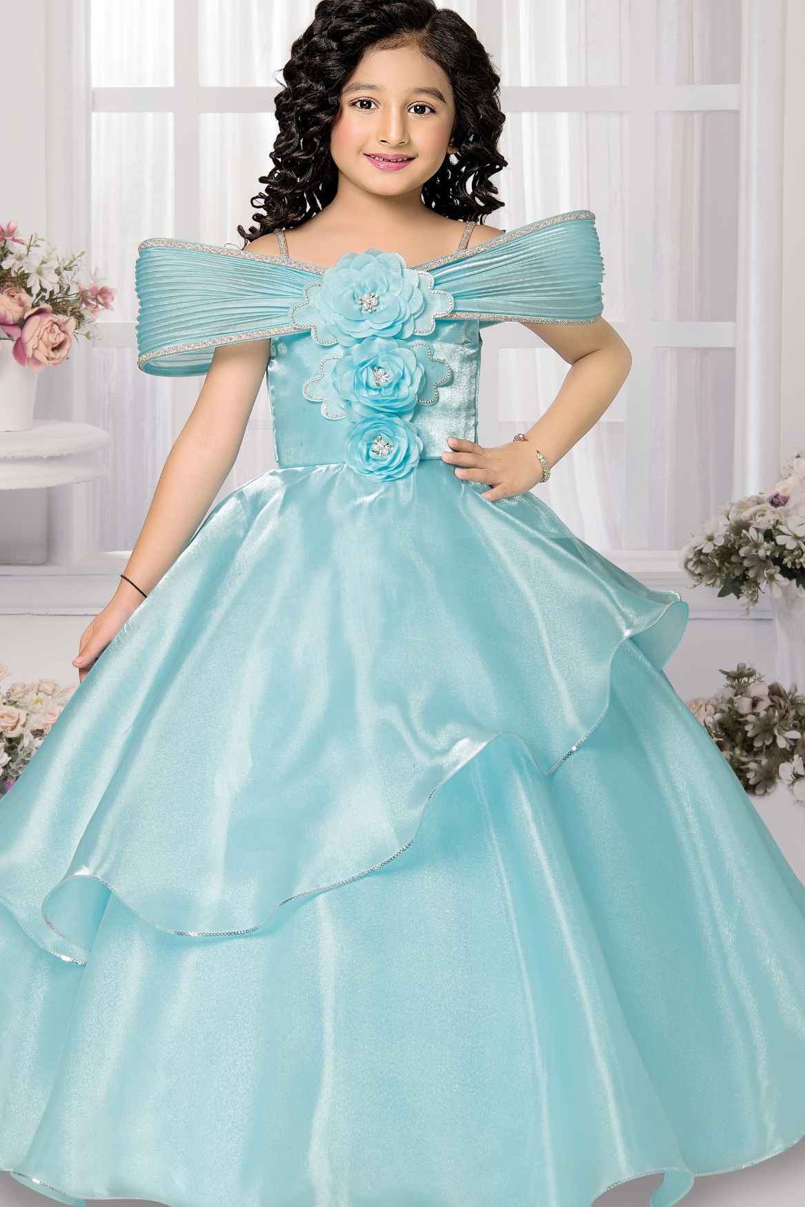 Sky Blue Party Wear Gown With Floral Embellishment For Girls - 4-5Y(22) Sky Blue Party Wear Gown With Floral Embellishment For Girls - 4-5Y(22)