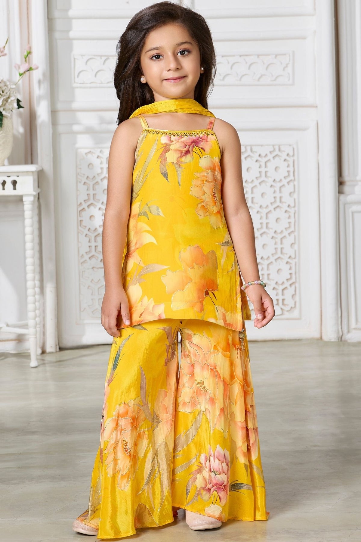 Girls Yellow Floral Foil Printed Palazzo Set With Dupatta