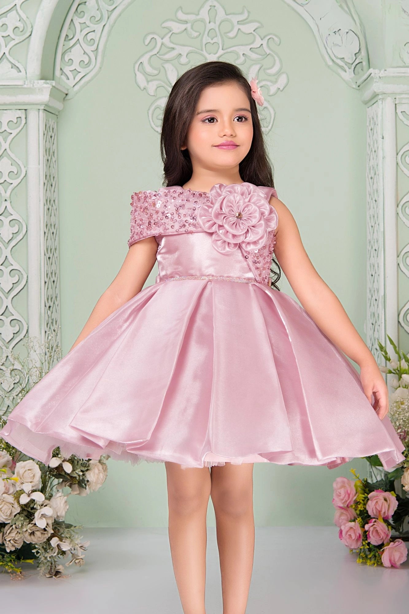 Baby Pink Embellished Party Frock With 3D Flower For Girls Lagorii Kids Baby Pink Embellished Party Frock With 3D Flower For Girls Lagorii Kids