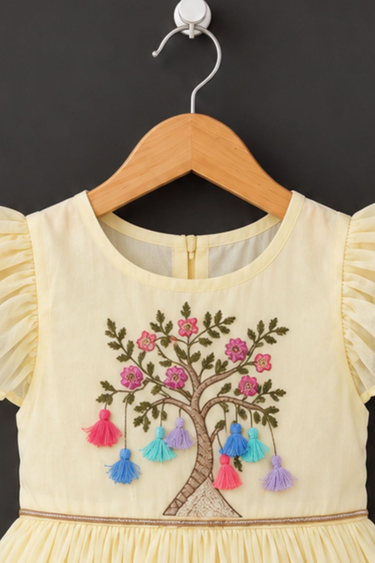 Pastel Yellow Tree Embroidered Ruffle Sleeve Flared Dress For Girls