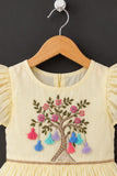 Pastel Yellow Tree Embroidered Ruffle Sleeve Flared Dress For Girls