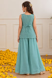 Aqua Blue Sequin Embellished Palazzo Set with Dupatta For Girls
